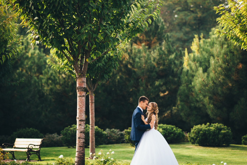 A couple outside at their Spring wedding.