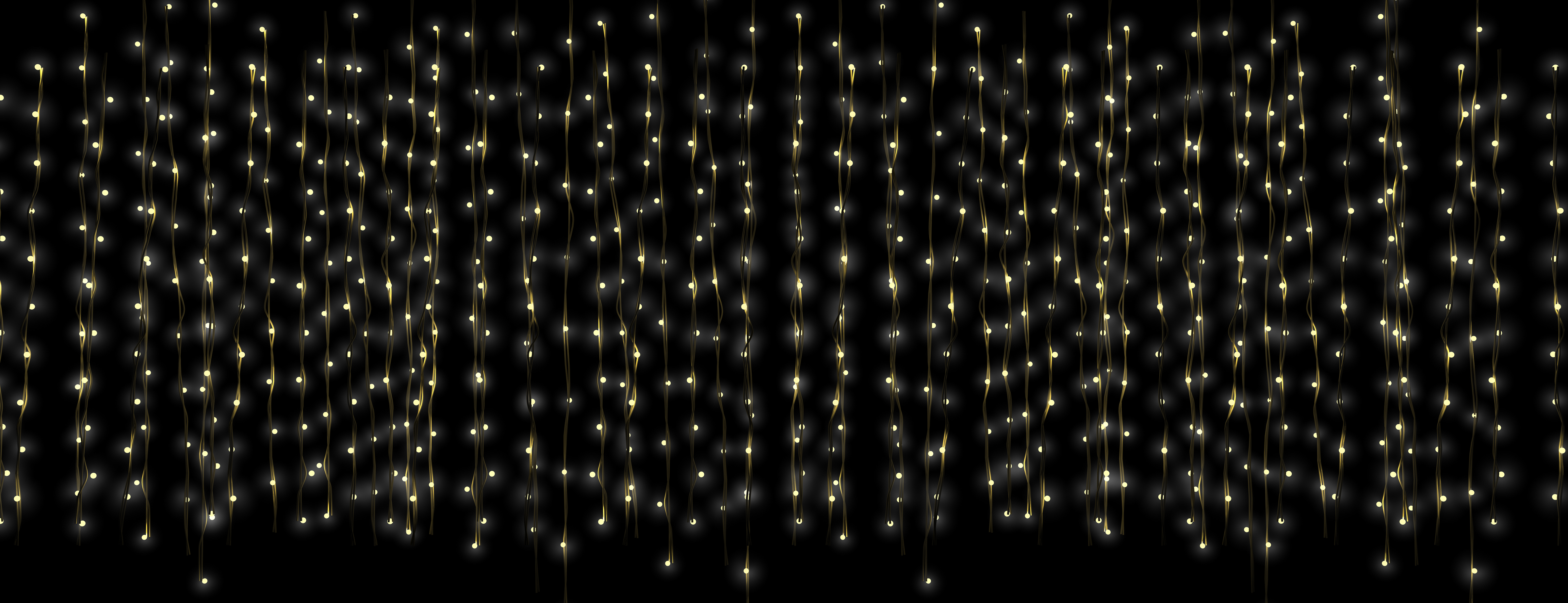 A curtain of string fairy lights on a dark background.