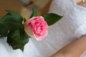A single rose is being held by the bride.